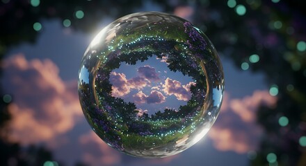 Magical crystal sphere revealing an inverted miniature utopian world with a lush forest under a beautiful purple sky