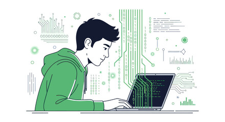 Illustration of a young programmer coding with digital elements overlaying the scene