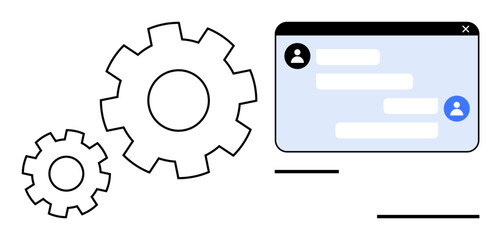 Gear wheels, chat window, and user profiles portraying collaboration, technology, and communication. Ideal for tech development, customer support, teamwork, messaging apps innovation automation