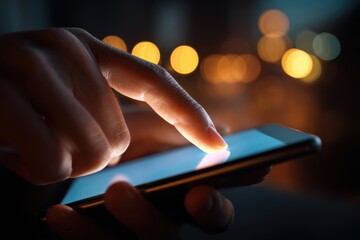 Point finger on screen phone closeup, person testing test message, touch blue screen on smartphone. Night Bokeh Light. Close-UP. Person using in hands mobile phone close up in the dark. Online wi-fi