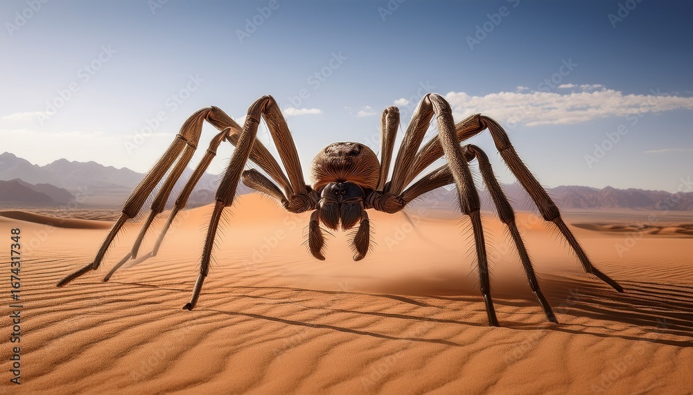 an enigmatic giant spider stands poised in a desert landscape its eight ...