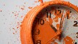 © Naim - Clock with orange paint splashes on white background, symbolizing wasted time and unproductive money