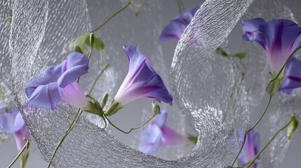 Light-purple morning glories,  wrapped in translucent netting