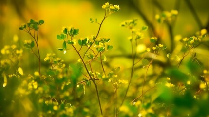 Wall Mural - Warm sunlight bathes delicate wildflowers and clover in a lush green meadow, gentle blur and vibrant color evoke calm and renewal, ideal for wellness, eco brands, and spring campaigns.