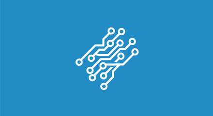 Minimalist white line art of a circuit board icon.