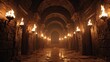 © snake - Ancient stone corridor, lit by torch flames