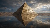 Golden pyramid reflected in still water, ancient symbols