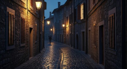  Quiet European street at dusk with a person walking