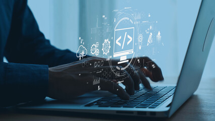 Modern web development concept featuring coding symbols, web development process, web development interface, and web development tools with futuristic design. Elide