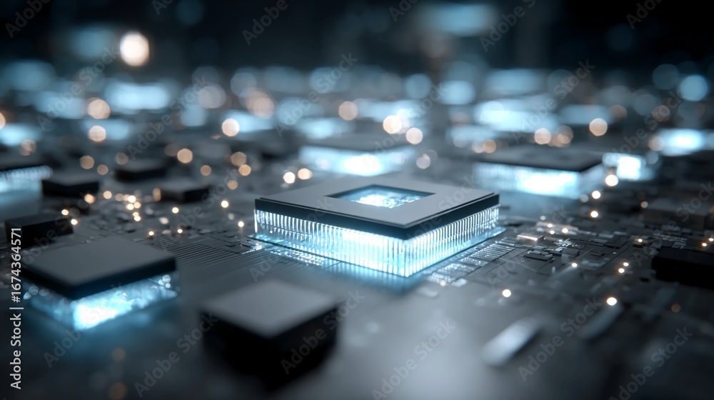 Abstract composition of layered 3D processor chips floating in blue ...