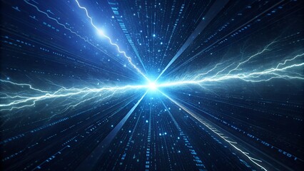 Abstract blue energy lightning bolt exploding from a bright central light source in a dark digital matrix tunnel