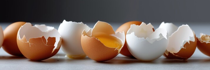 Row of broken brown and white eggshells on gray surface