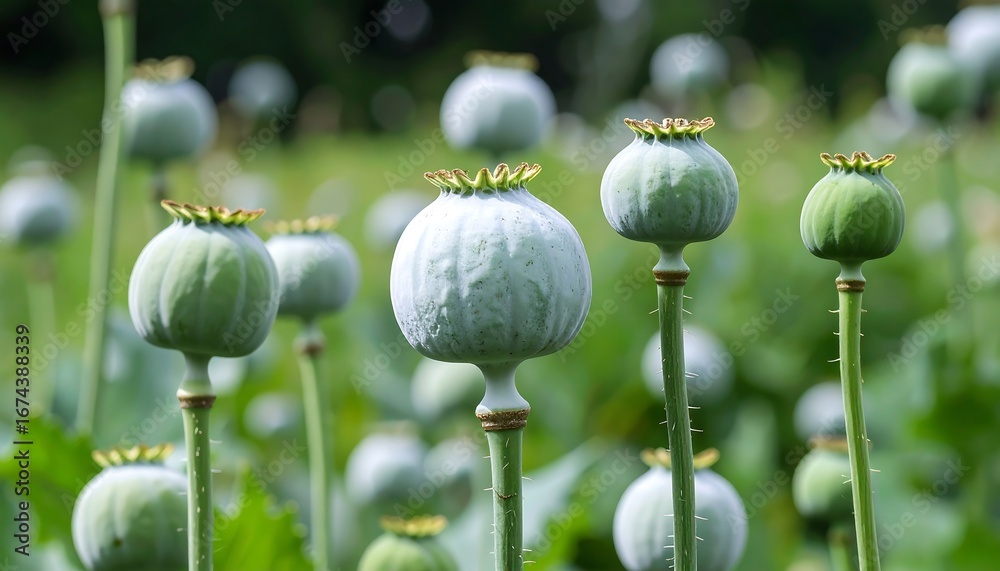 Green opium poppy seed pods in a field Stock Illustration | Adobe Stock