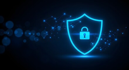 a glowing blue security shield with a padlock on a plexus network background. cybersecurity and data