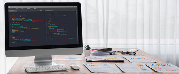 Software development programming on computer screen for brisk application and program coding