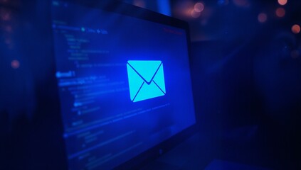 Bright glowing email icon displayed upon the computer screen featuring blurred code within the background, illuminated in deep blue light during nighttime, creating a digital atmosphere