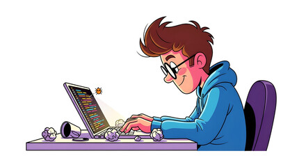 Young cartoon character enthusiastically coding on a laptop, a focused developer creating innovative software for the digital future