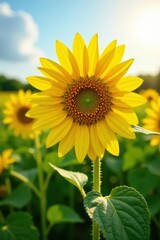 Wall Mural - A vibrant yellow sunflower blooms in a sun-drenched field , rural, daytime