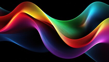 Wall Mural - flowing neon rainbow wave on black background with vibrant light gradient lines perfect for modern d
