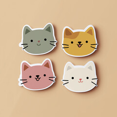 four cute kawaii cartoon cat faces stickers on beige background