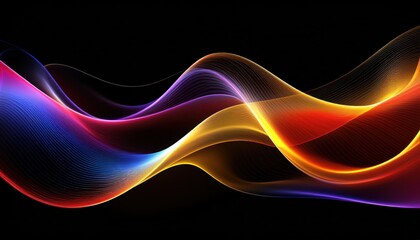 Wall Mural - vibrant neon light wave with flowing gradient lines in blue red and yellow glowing on black background for abstract texture or digital wallpaper