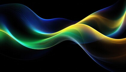 Wall Mural - luminous flowing wave of neon blue green and golden light streaks on black background ideal for mode