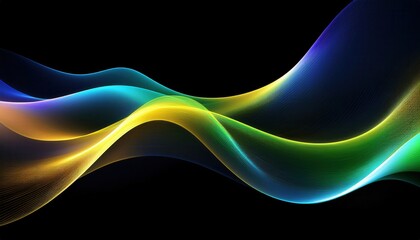 Wall Mural - luminous flowing wave of neon blue green and golden light streaks on black background ideal for mode
