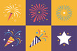 © RA Studio - Color block fireworks grid, party popper, comet bursts, celebratory background, postcard template, greeting card layout, printable design, vector elements