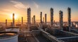 © Paph - A vast industrial complex, a refinery at sunrise, showcases towering processing units and storage tanks against a pale sky.