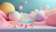© Matt - serene minimal 3d landscape with pastel colored geometric shapes floating amidst soft clouds and rolling hills