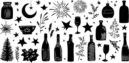 Wall Mural - Festive linocut new year seamless pattern with fireworks and stars for holiday design
