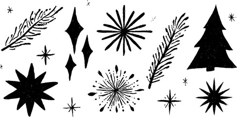 Wall Mural - Winter wonderland linocut pattern with snowflakes and stars for holiday design