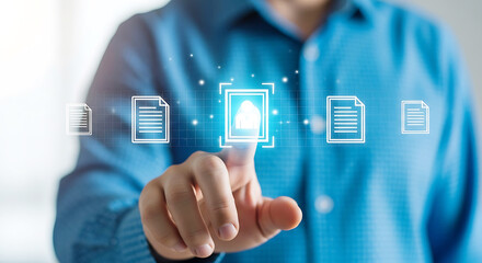 Businessman touching a digital interface with document icons, representing data management and digital workflow