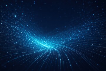 Flowing data stream visualization with luminous blue and green light particles creating dynamic digital information network
