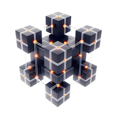 Complex structure of black interconnected cubes with glowing orange lines representing data flow and network connectivity on a transparent background