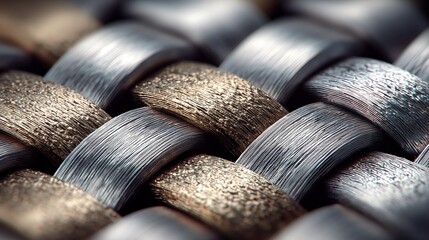 Macro shot of metallic wire mesh showing intricate woven patterns and textured surfaces in sharp focus, representing industrial materials and architectural structural elements.