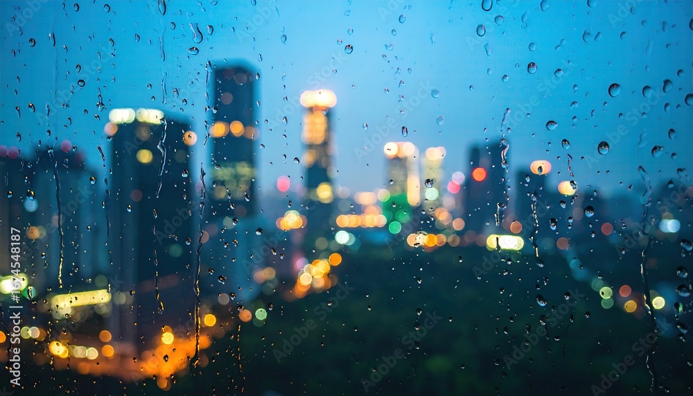 Raindrops on Glass with Blurry City Lights at Night Atmospheric View ...