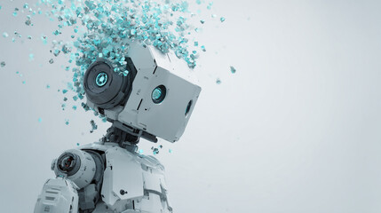 Minimalistic Grey Robot Head with Geometric Shapes Levitating in Data Room, Futuristic Design and Aesthetic Futurism Themes