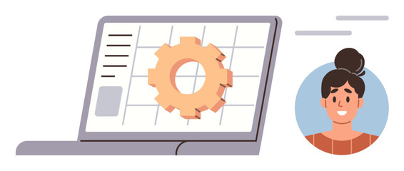 Laptop displaying a gear on a grid screen alongside a female profile. Ideal for teamwork, software development, project management, online learning, user interface, tech innovation, simple flat