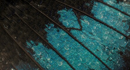 Close-up view of a butterfly wing with intricate patterns and blue details