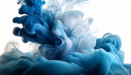 Wall Mural - the image shows an abstract composition featuring smoky blue and white ink drops mixing and swirling in water creating a mysterious and dreamy