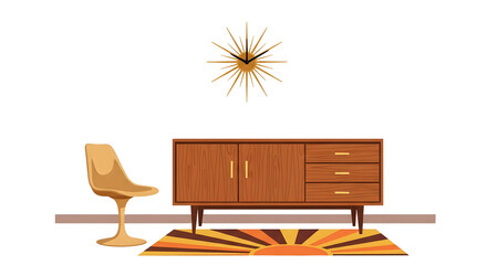 Illustration of midcentury modern living room furniture with a starburst clock and a geometric rug, isolated on transparent background