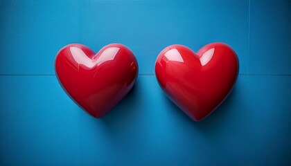 Wall Mural - two vibrant red hearts rest against a serene blue wall symbolizing love s warmth amidst a calming backdrop perfect for valentine s day