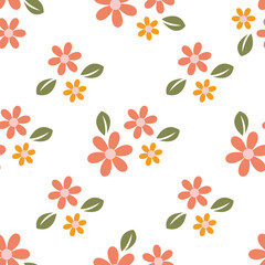 Wall Mural - seamless pattern of flat pink flowers and green leaves on a white background.vector illustration.