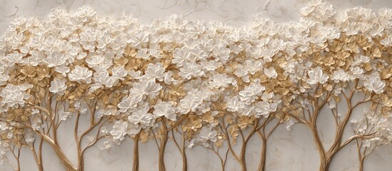 Elegant floral trees with gold leaves and white blossoms on a marble background for a luxurious design