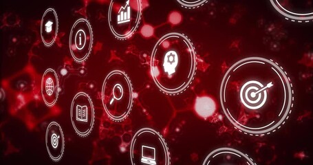 Wall Mural - Starting red network, white icons fading, drifting left, camera sliding rightward showing data flow