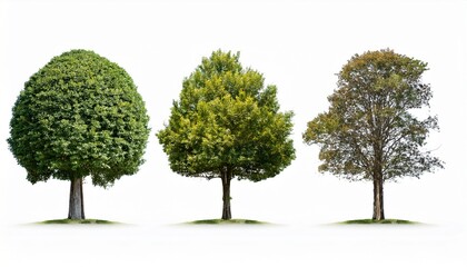 three distinct trees with varying shapes and foliage styles