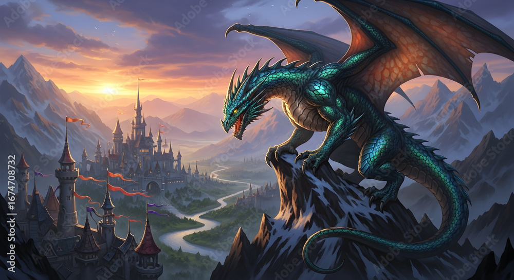 Majestic dragon perched atop a mountain peak overlooks a sprawling ...