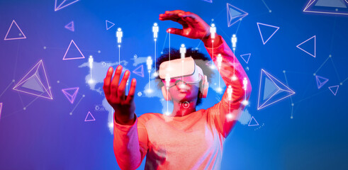 Wall Mural - a young individual interacts with virtual reality to explore global connections and networking oppor