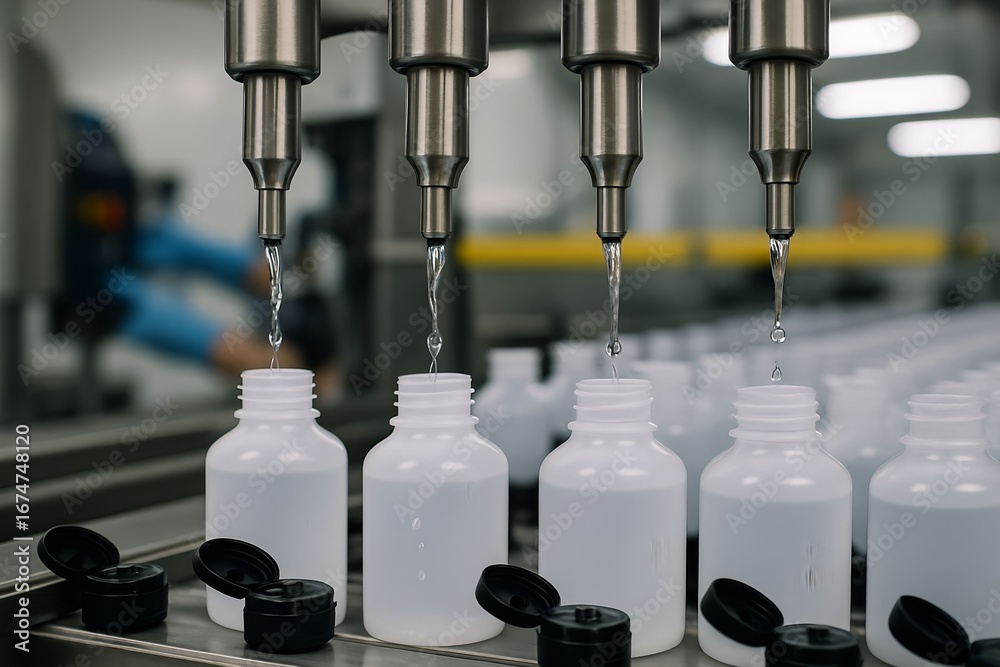 Bottling process in a production facility with liquid being dispensed ...